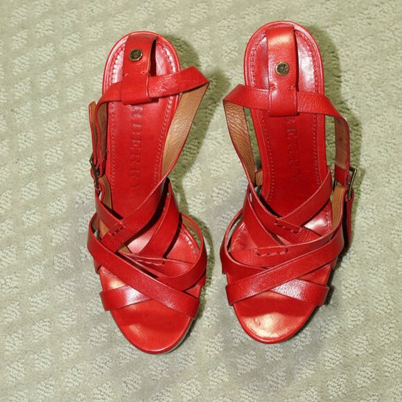 Burberry Women's 9 Strappy Red Leather 1.5" Platform Stacked Wedge 5.5" Heels - Picture 2 of 13